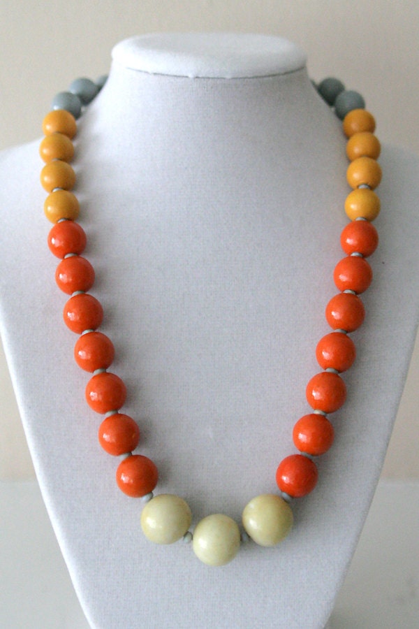 Necklace in Orange, Sunshine Yellow, and Grey / Wooden, Glass and Ceramic Beads / "GUADALUPE"