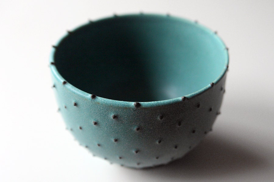 Stoneware Bowl with Dots / Wheel-Thrown Ceramic / Turquoise Verdigris Matte Glaze with Hand Applied Spotted Dots / "GUANÁBANA B"