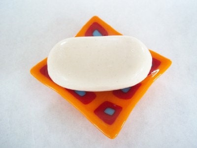 Tangerine, Red and Turquoise Fused Glass Dish/Soap Dish