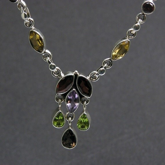 Artisan Handmade 925 Sterling Silver Gemstone Bridal Bridesmaid Wedding Gift Jewelry Garnet Citrine Peridot Anniversary Wedding Necklace (A)