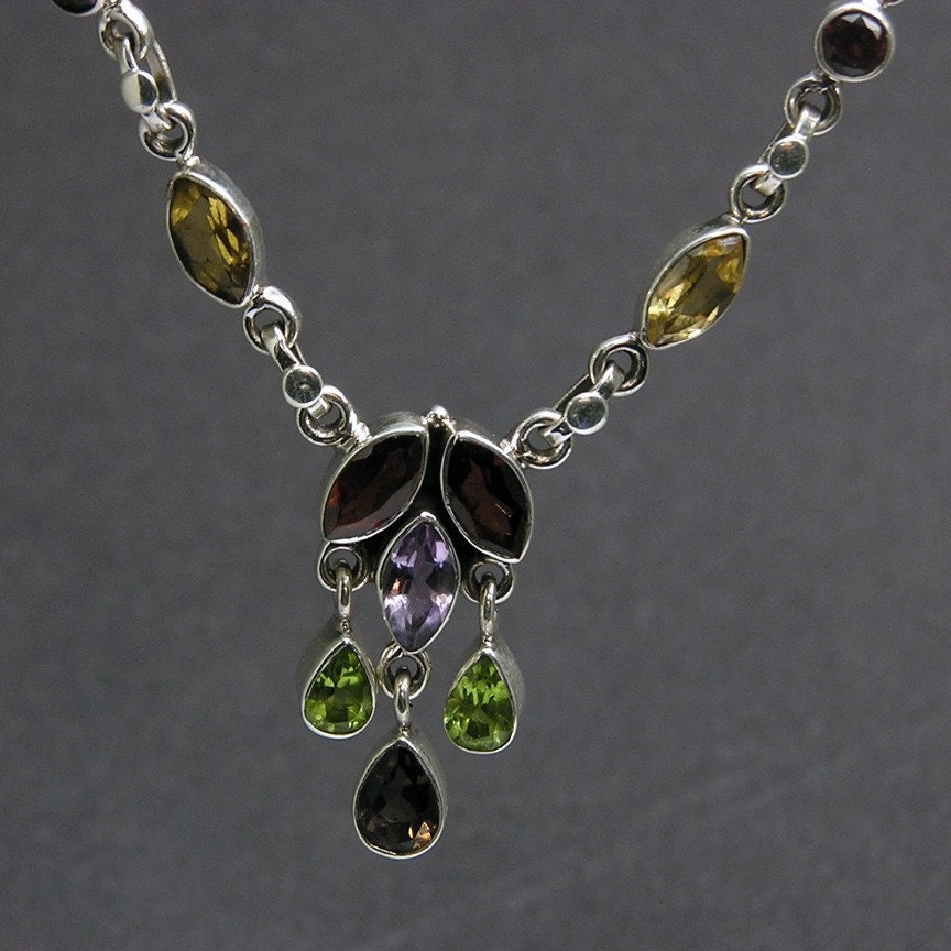 Artisan Handmade 925 Sterling Silver Gemstone Bridal Bridesmaid Wedding Gift Jewelry Garnet Citrine Peridot Anniversary Wedding Necklace (A)