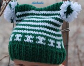 Hand knit boy girl baby beanie hat  eco fashion cotton Newborn  Stocking Cap  green  white stripes  ready to ship  photo prop