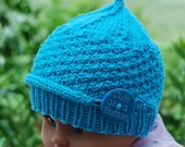 Hand knit baby boy girl hat Newborn 3 to 6m 9m infant cotton hat baby cute as a button turquoise beanie Ready to ship from Colorado.