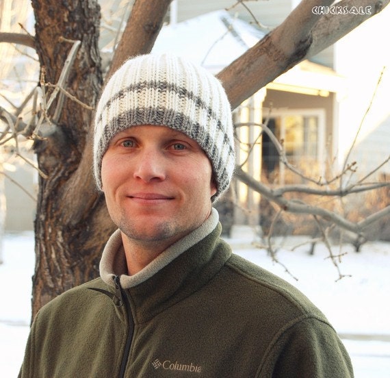 Father's day gift Pure wool beanie unisex natural color light brown stripes. Gift for him or for her pick your hat. Handmade in Colorado USA