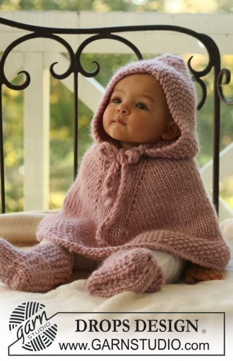 Knit baby poncho with hood in pink 6-9 months made of wool.  Ready to ship.Handmade in Colorado