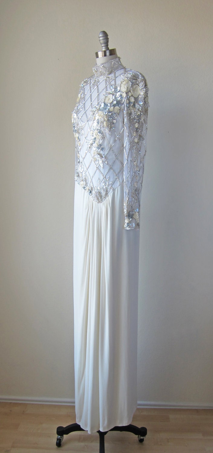 1980s White Sequin Dress/ Bob Mackie Boutique/ 80s Glitz Gown