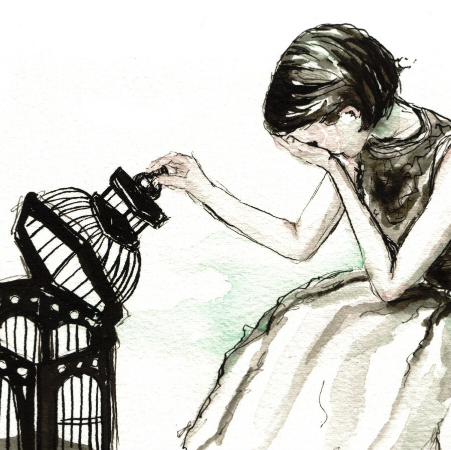 FLOWN -- signed (8x10)  Print of an Original Ink and Watercolor Painting -- PalePreoccupation