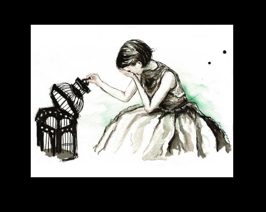 FLOWN--signed Print of an Original Ink and Watercolor Painting--PalePreoccupation