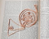 Copper french horn bookmark handmade from salvaged electrical wire
