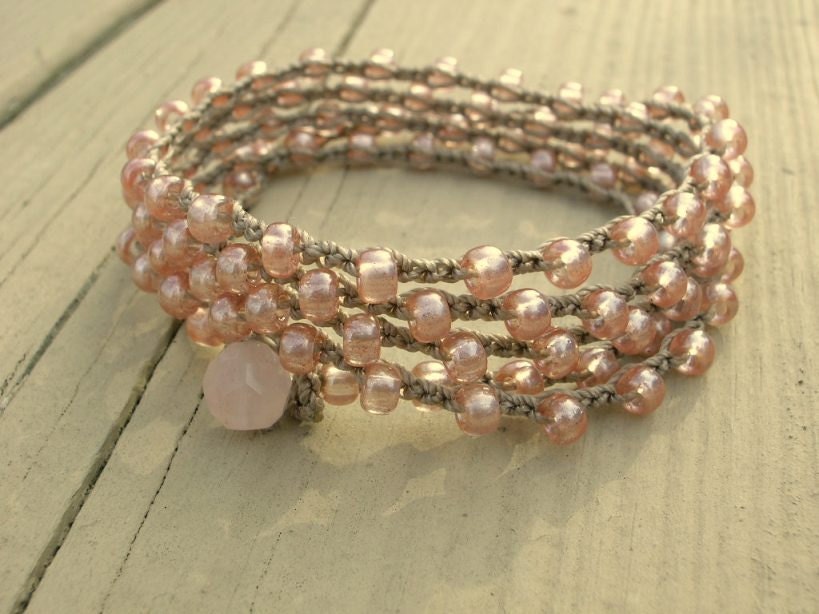 Pink crochet wrap bracelet - Shell Pink - beach jewelry, boho bohemian jewelry, delicate surfer girl