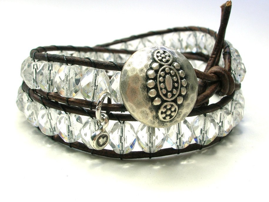 Leather wrap bracelet, crystals, silver heart charm, Valentines Day Bohemian jewelry, boho jewelry, neutral, glam, sparkle, bling