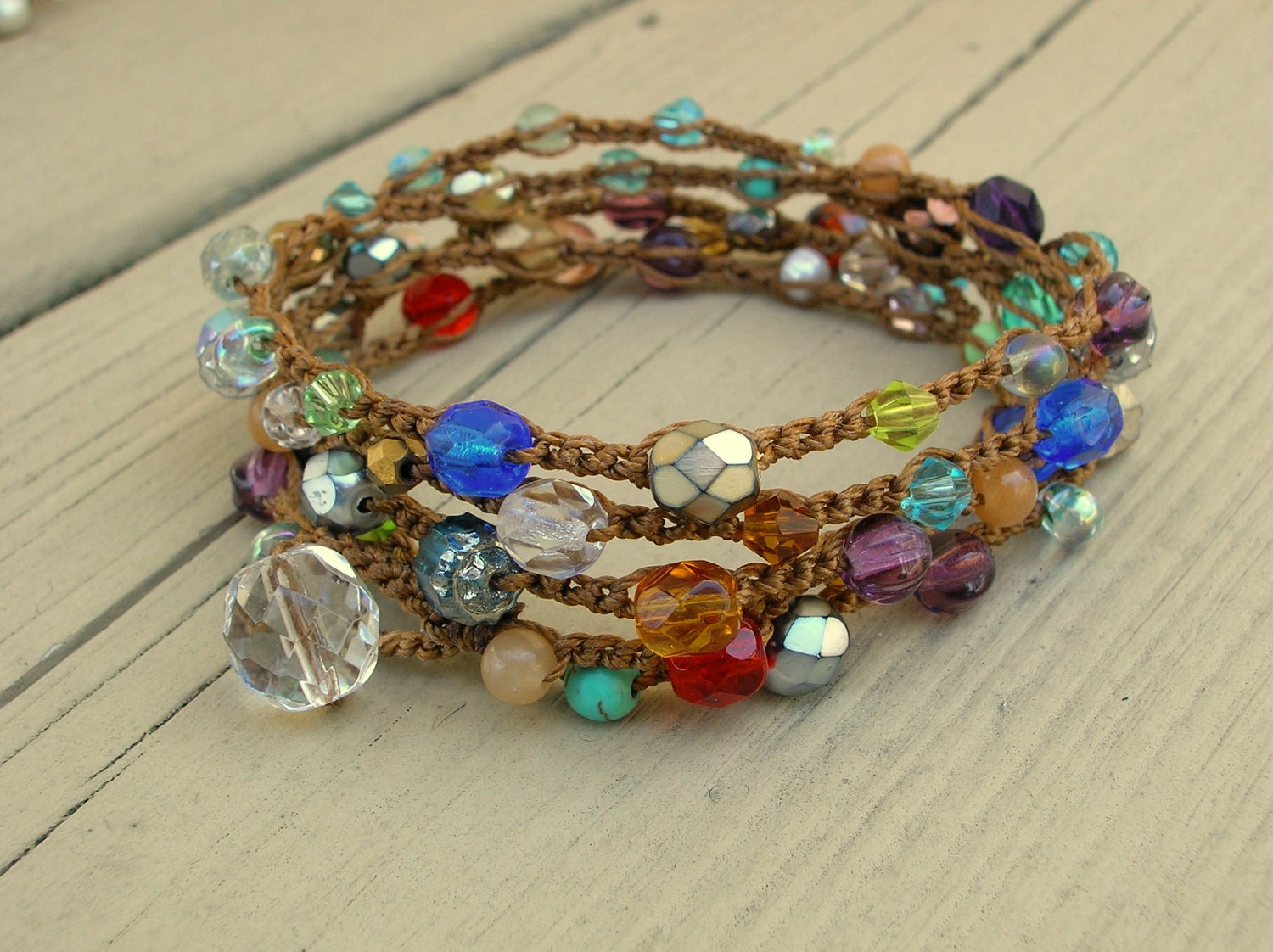 Colorful beaded wrap bracelet - Stained Glass -  Bohemian crochet jewelry, long necklace, gypsy,  jewel tones, sparkly