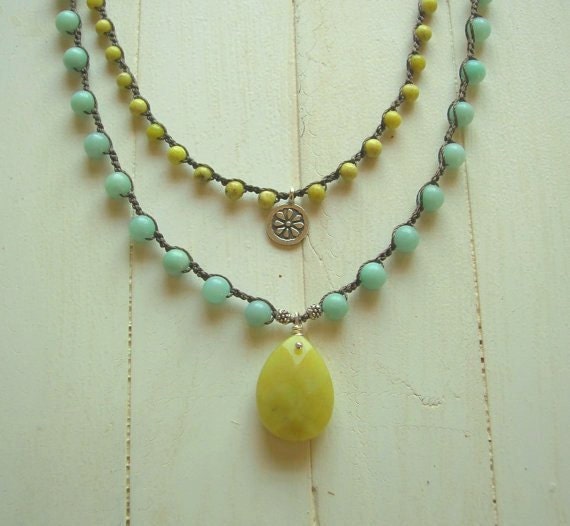 Cottage chic crochet necklaces set, Bohemian jewelry, double strand necklace, amazonite, Thai silver, beach coastal, pastel fashion