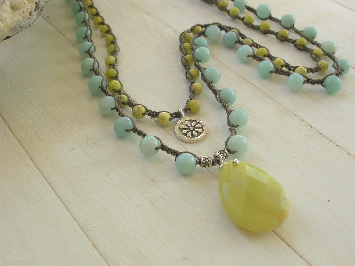 Cottage chic crochet necklaces set, Bohemian jewelry, double strand necklace, amazonite, Thai silver, beach coastal, pastel fashion