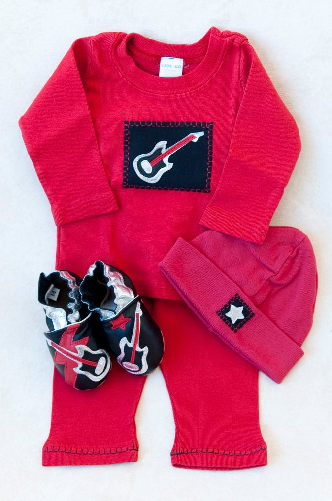 Rock Star Baby Gift Set (red, includes pant, top, hat, all-leather shoes)