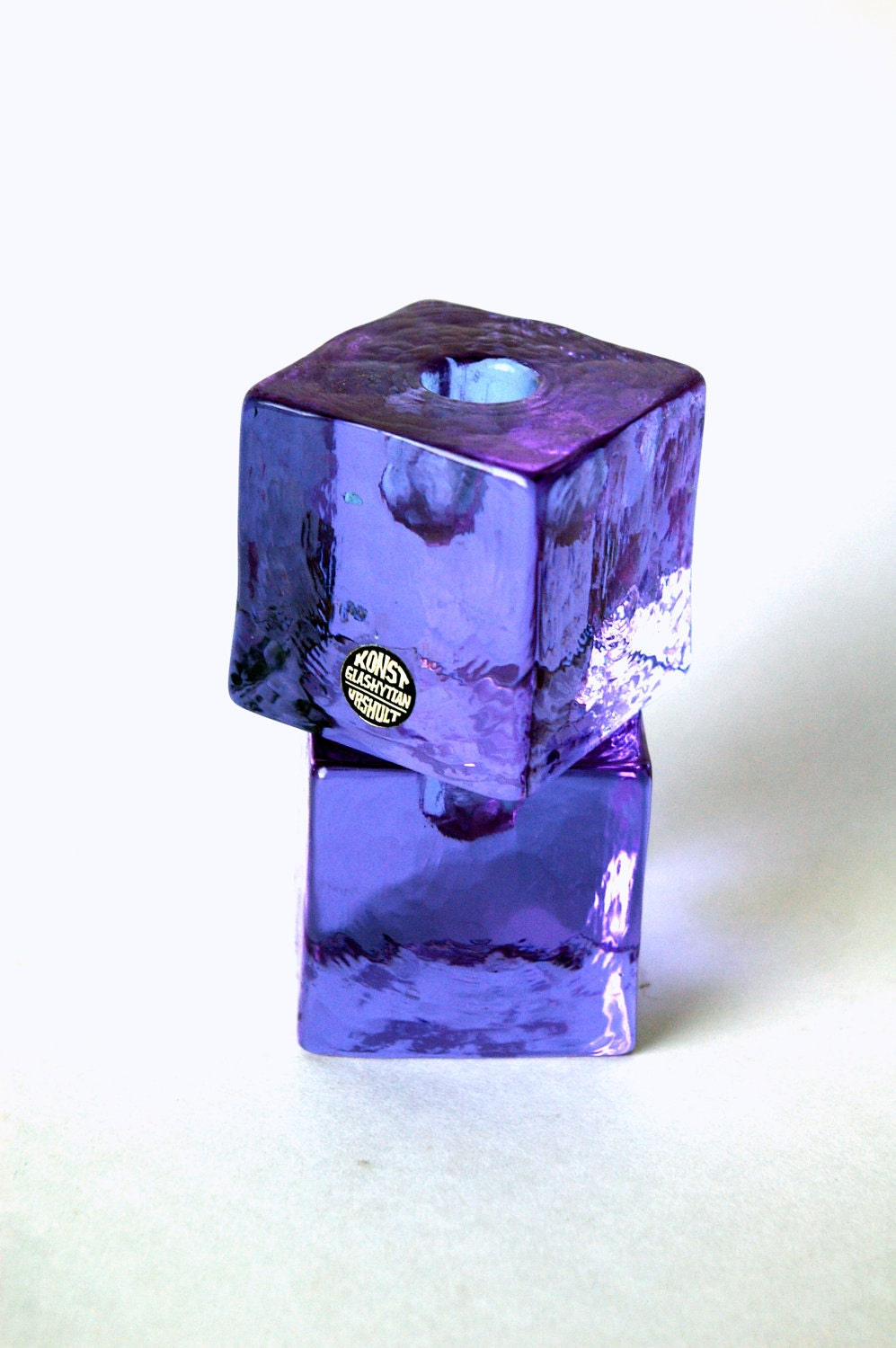 Two Purple Ice Cube Candle Holders by Konst Glashyttan Urshult of Sweden