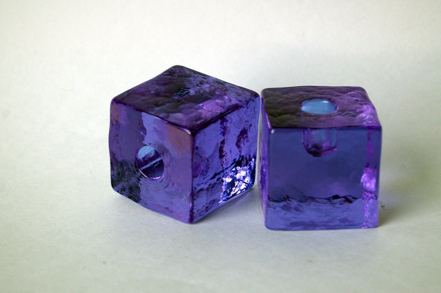 Two Purple Ice Cube Candle Holders by Konst Glashyttan Urshult of Sweden