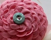 Fabric Flower Pin Pink Chrysanthemum with Light Turquoise Blue Vintage Button