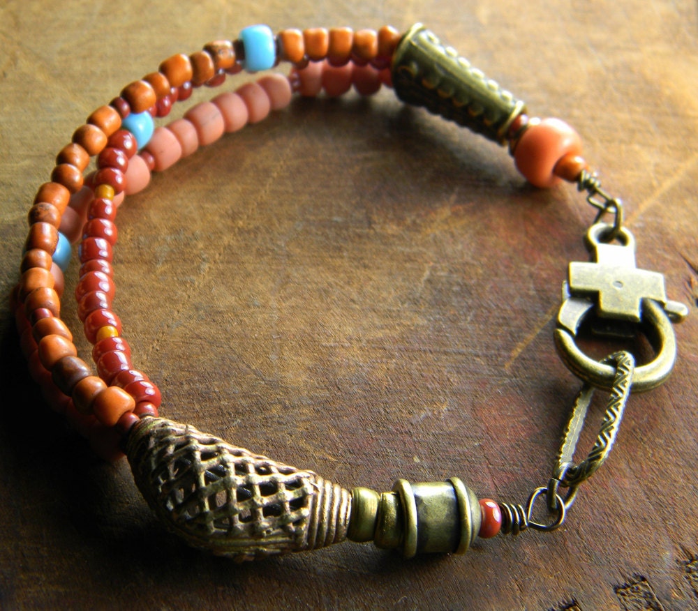 Trade Bead Bracelet African Brass Red Yellow Orange OOAK