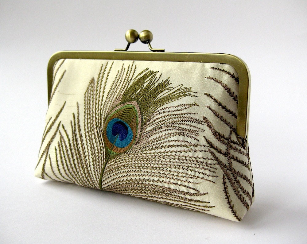 Silk Embroidered Peacock Clutch Bag in Ivory Bag Noir, Bridesmaid clutch, Weddings bride formal clutch purse