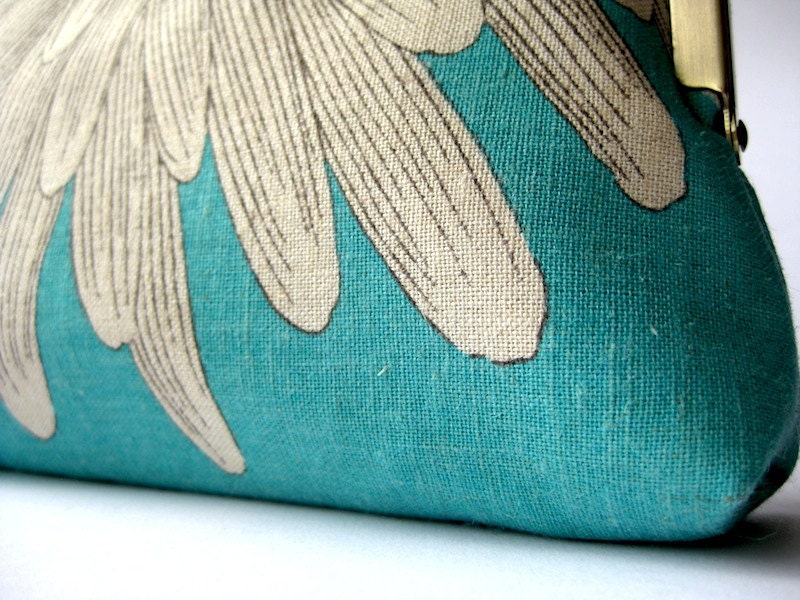 Chrysanthemum  silk lined aqua floral clutch, Bag Noir, Bridesmaid clutch, Weddings bride formal clutch purse