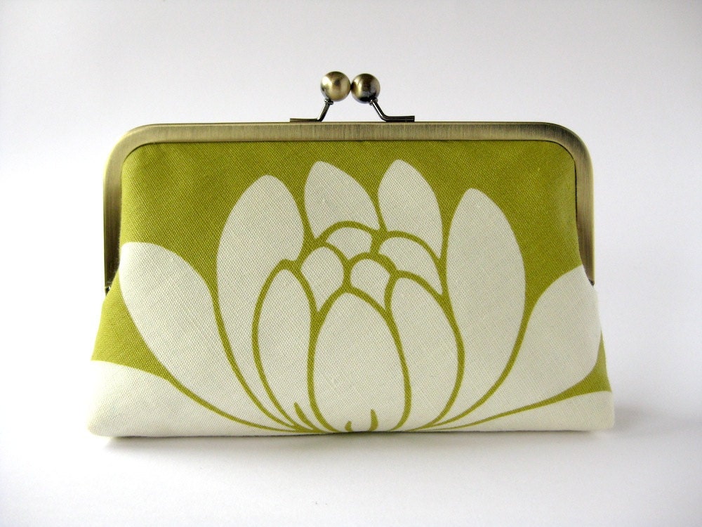 Chartreuse Lotus in silk lining floral clutch purse by Bag Noir, Bridesmaid clutch, Weddings bride formal clutch purse