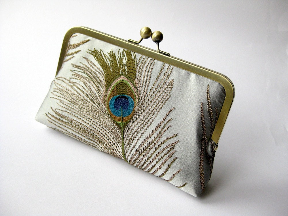 Gray Silver Silk Embroidered Peacock Clutch Purse, Evening Clutch, Bridesmaid clutch, Weddings bride formal clutch purse