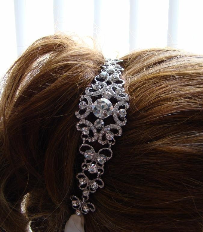 Bridal Headband, Wedding Headband Accessories,  Rhinestone Head Piece, Rhinestone 5.25 inch Long, Free Rhinestone Earrings (HB01)