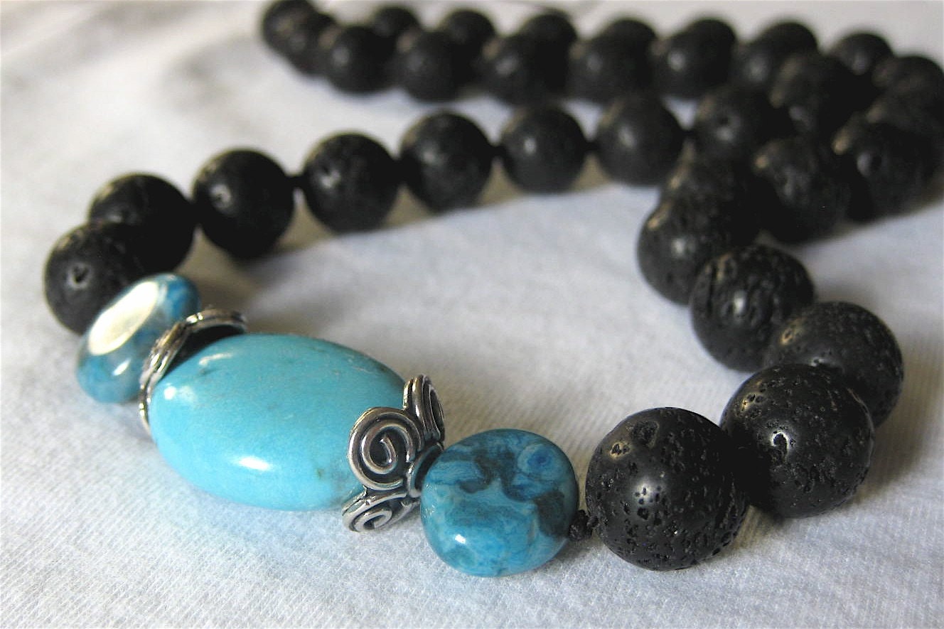 Turquoise Lava Necklace . Lace Agate . Sterling Silver . Blue and Black