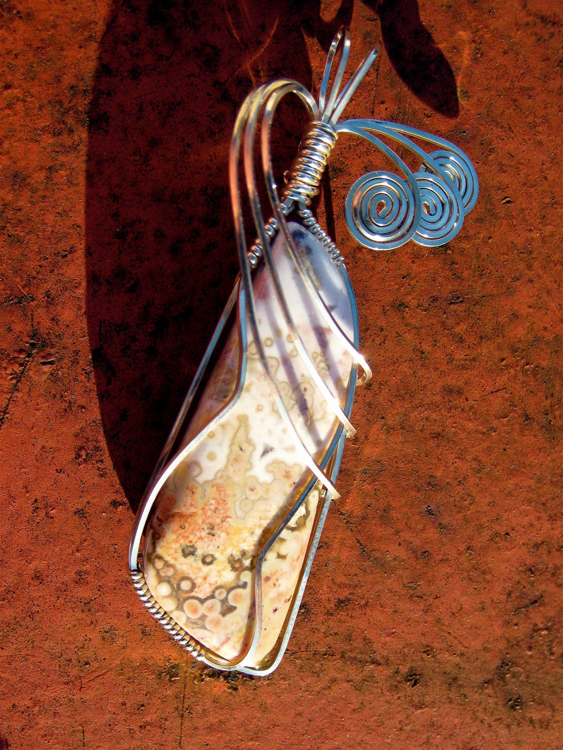 Ocean Jasper Wire Wrapped Sterling Silver Pendant . White Chocolate