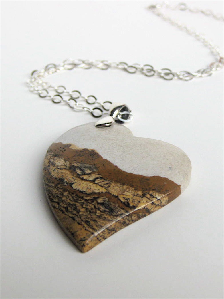 Heart Pendant . Owyhee Picture Jasper with Sterling Silver Chain
