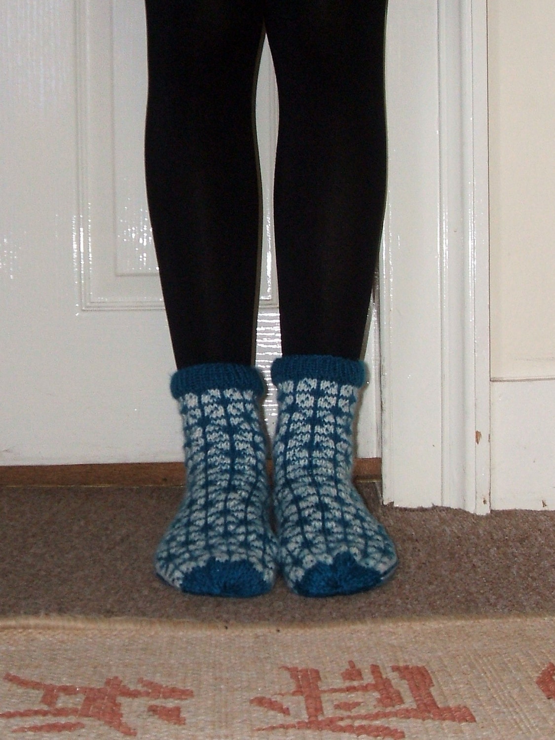 Hand-knitted Warm Blue White Winter Socks