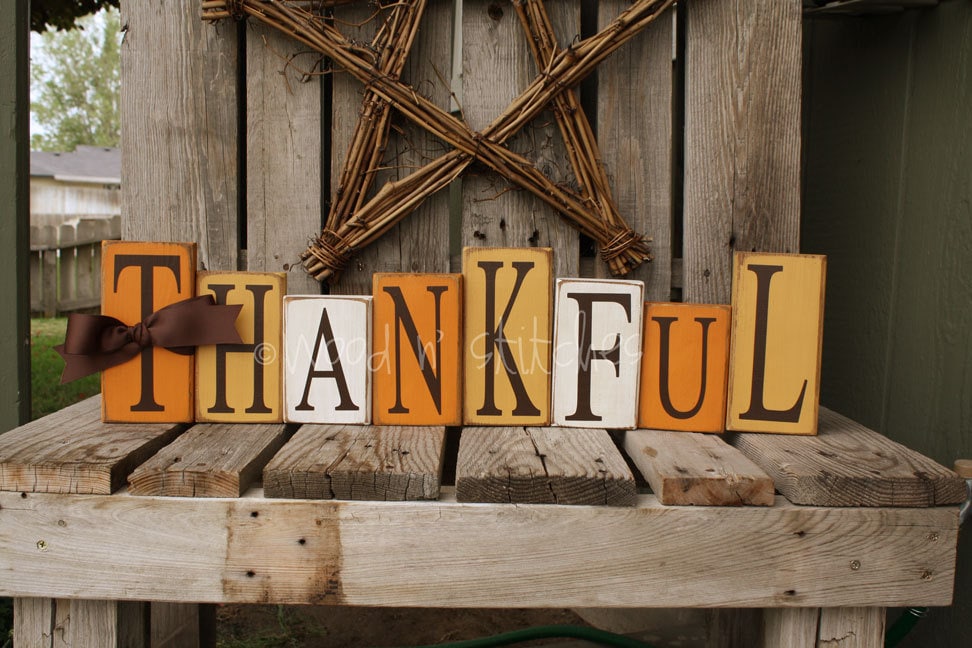 Fall Autumn Thanksgiving THANKFUL Wood Block Set by jodyaleavitt