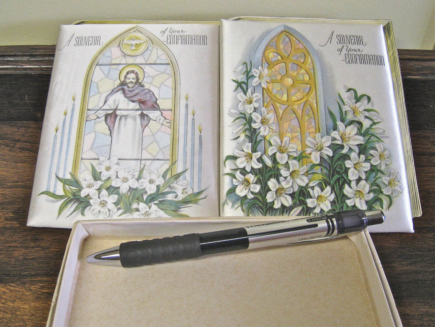 Vintage Confirmation Souvenir Book Card, Stained Glass Jesus Dove Satin Cover, Box of Two