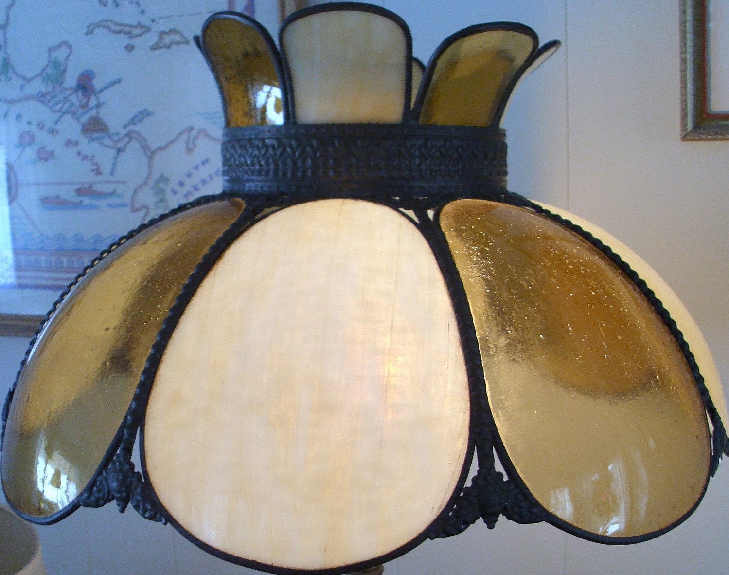 Lamp shade lighting 60's 70's  stained amber and slag glass home decor