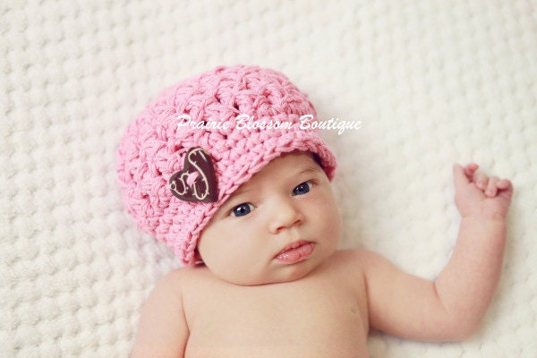 Pink Crochet Newborn Hat with Button, Baby Girl Hat, Baby Beanie Hat, Newborn Size