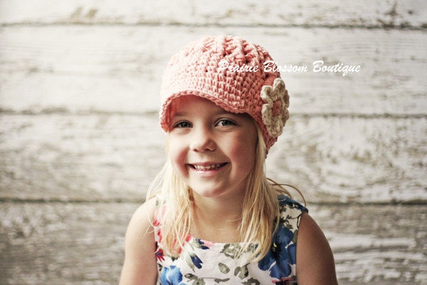 Crochet Hat for Girls, Hats for Toddlers, Visor Beanie Hat, Toddler Girl Hat, Peach, Off White, Cotton, Children Accessories, 2T to 4T Hat