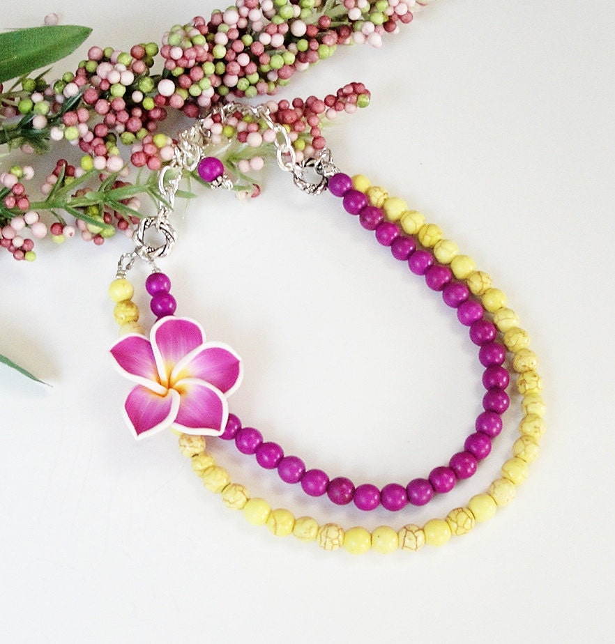 Yellow Purple Gemstone Soft Clay Plumeria Layered Necklace, Spring Frangipani Flower Necklace, Mothers Day Gift
