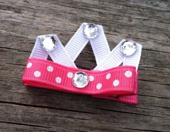 Pink and White Polka Dotted Princess Crown Ribbon Sculpture Hair Clip - Girls Hair Accessories... Free Shipping Promo