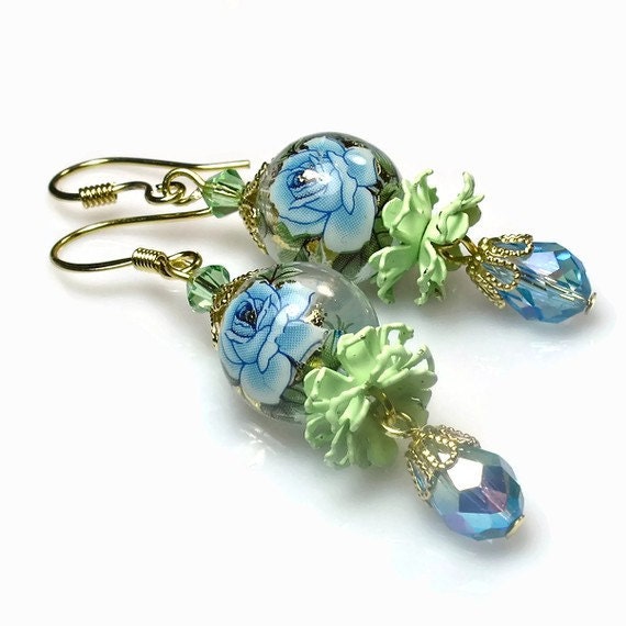 Rose Earrings, Vintage Inspired Bead Dangle Earrings