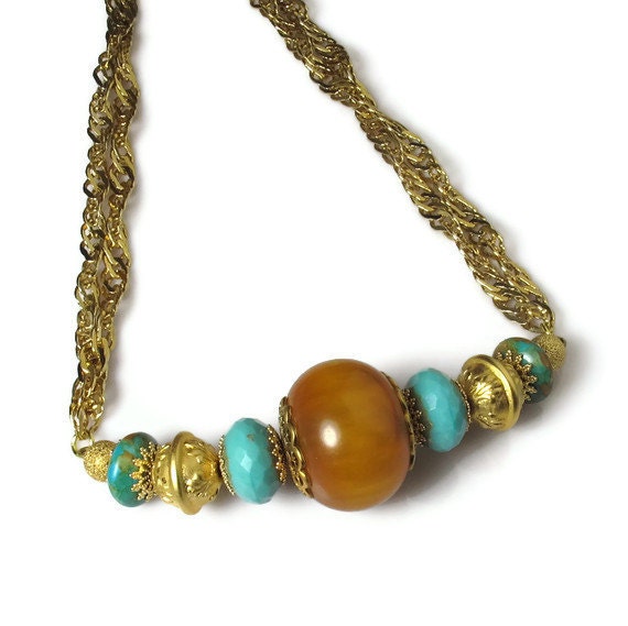 Chunky Necklace with Amber, Turquoise