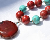 Necklace, Bracelet and Earring Set - Magnesite and Red Coral