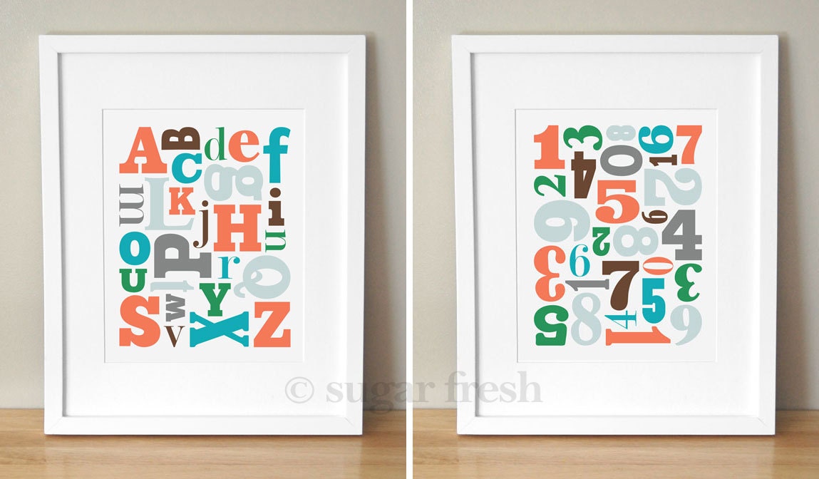 Alphabet & Numbers Nursery Art - CUSTOM COLORS - (2) 8x10's