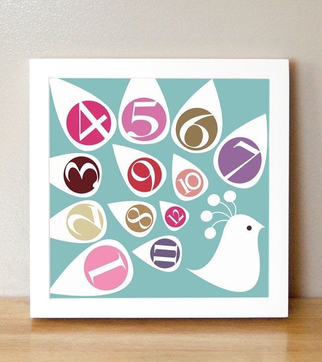 Numbers Nursery Art - 'The Counting Peacock' 8x8 Numbers Print