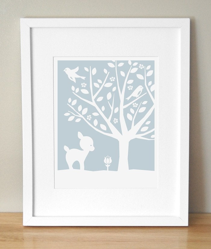 Nursery Art Print - CUSTOM COLOR - Peaceful Tree, Deer 11x14