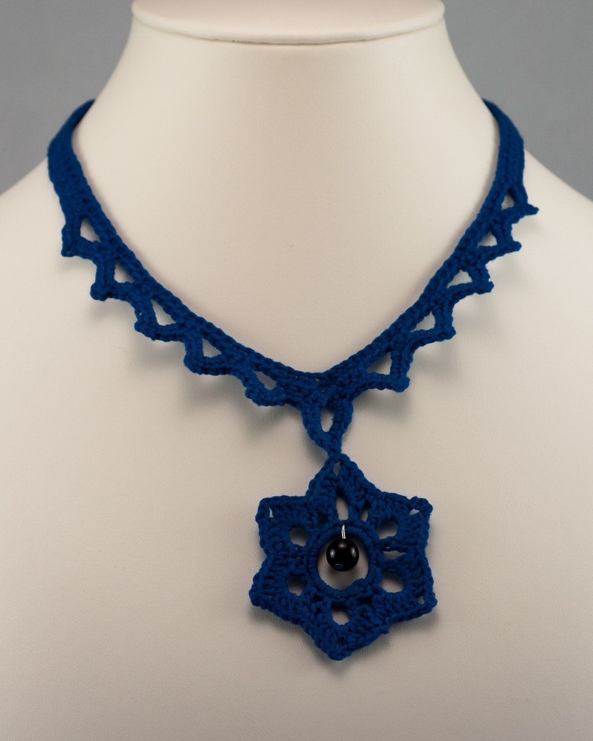 Star Necklace - Navy Blue Crochet Choker with Black Bead