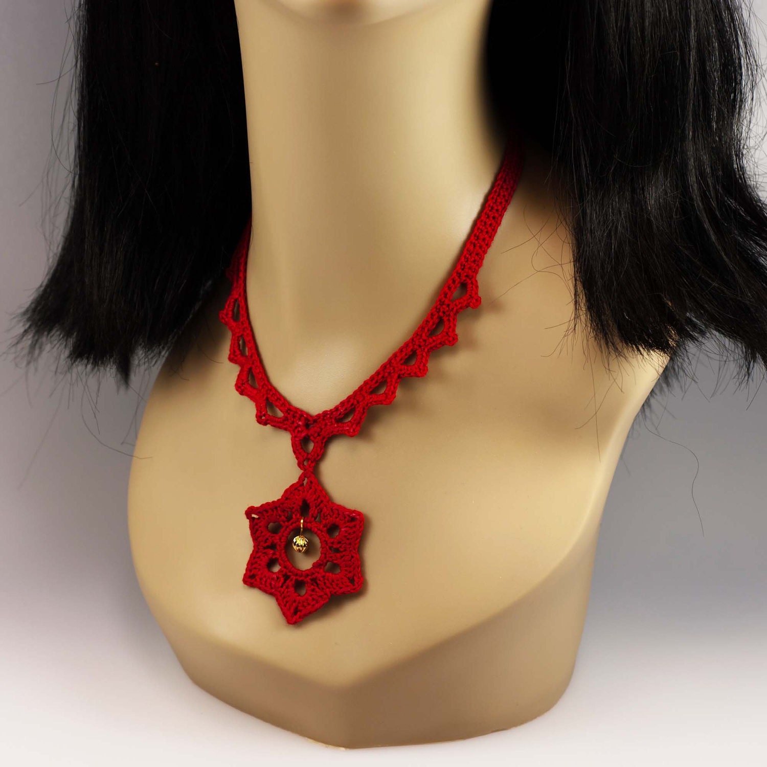 Star Choker - Red Crochet Necklace with Golden Bead