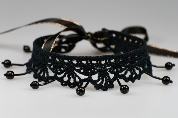 Elegance Choker - Black Lace Crochet Necklace with Black Beads, Sexy