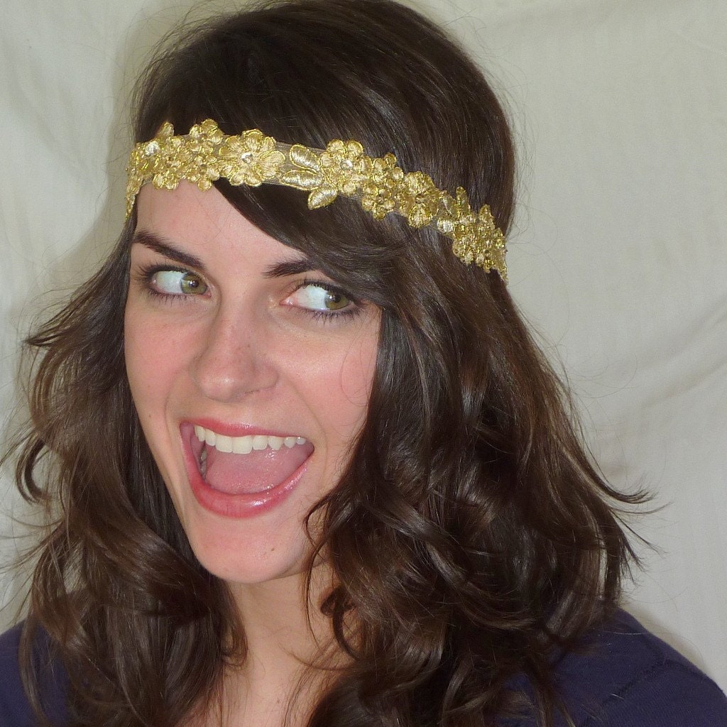 Beaded Headband Gold Metallic Beaded Flower Boho Headband for Women and Teens by Jill's Boutique