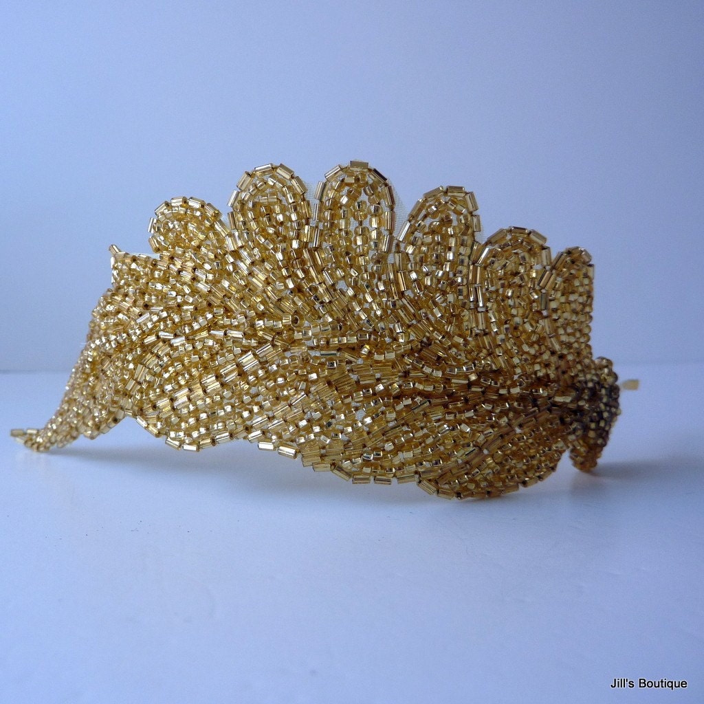 Gold Beaded Headband Goddess Crown Feather Leaf Headband for women and teens by Jill's Boutique